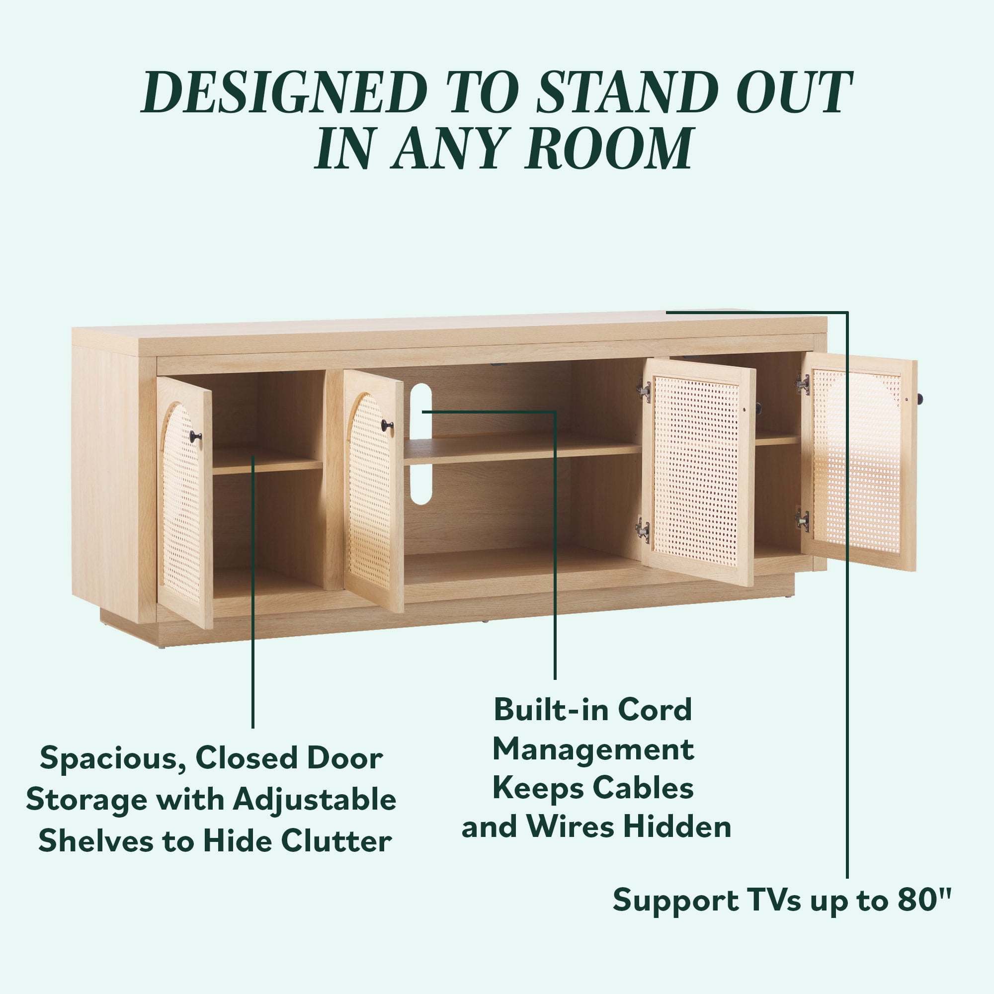 Contemporary TV Stand and Sideboard with Rattan Doors for up to 80" TV Coastal Oak