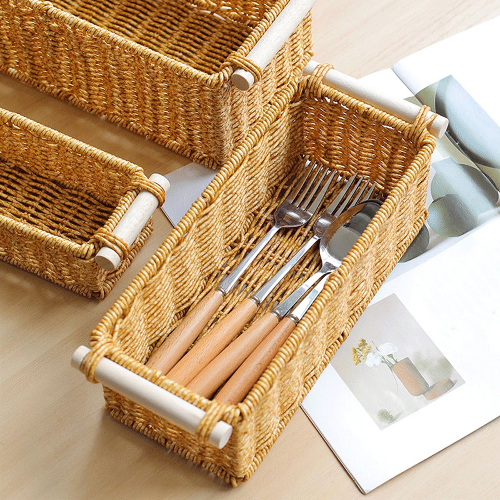 Hand Woven Seagrass Desktop Storage Basket with Handles for Bathroom Kitchen Home Office Counter Organizer for Toiletries Snacks Stationery Natural Rustic