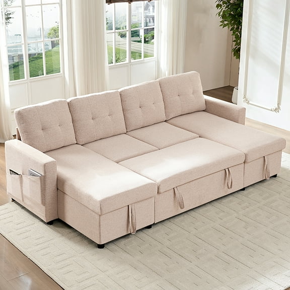 Mjkone Oversized U Shaped Sectional Sleeper Sofa Bed with Double Storage Chaise,Convertible Pull Out Couch Bed with Side Pocket for Living Room/Apartment,Beige