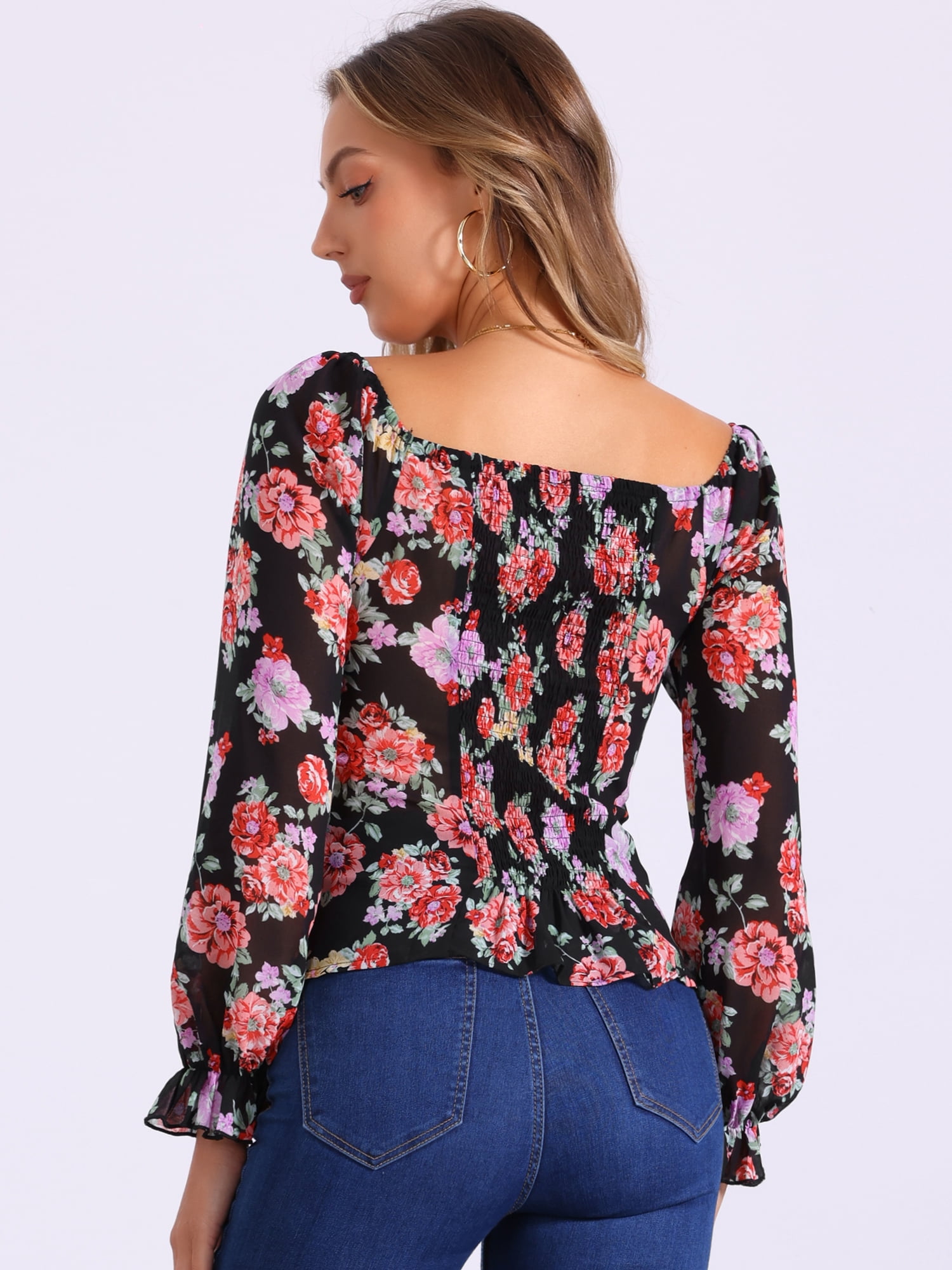 DARING DIVA Women's Smocked Back Puff Sleeve Elegant Floral Blouses L Black