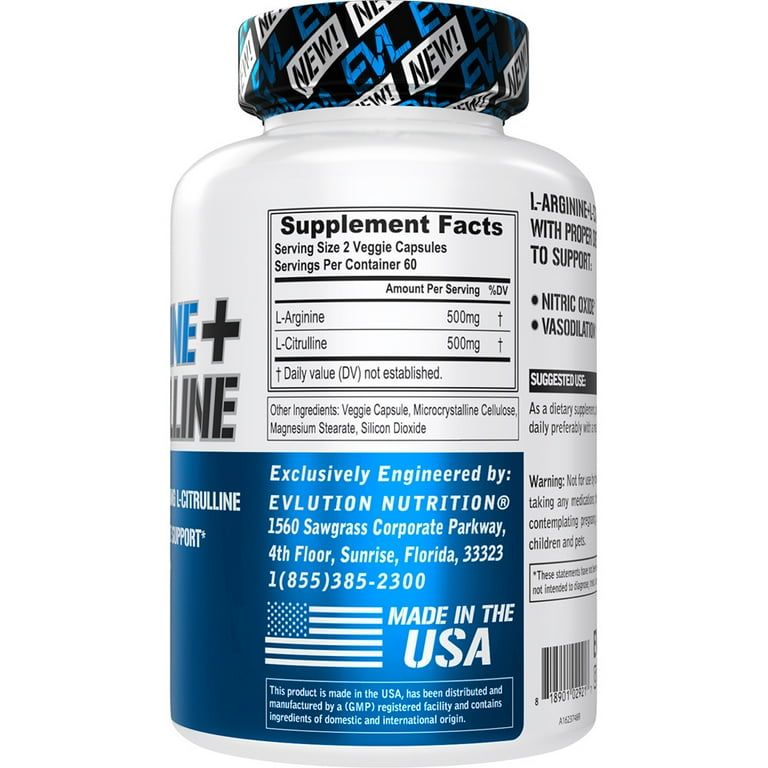 Evlution Nutrition L-Arginine + L-Citrulline - Endurance + Workout  Performance Supplement - 1000mg Complex - Vasodilation + Nitric Oxide  Support