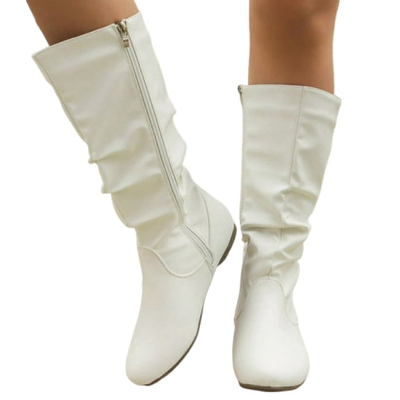 Womens Slouch Boots, Flat Heels Mid Wide Calf Zipper Ladies Fall Winter Fashion Boots White