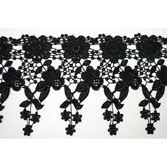 Altotux 4.5" 19 Colors Black Pastel Blue Burgundy Red Lilac Gold Turquoise Yellow Coral Pink Navy Gray Orange Champagne Dangling Embroidered Floral Venice Lace Trim Guipure By Yard (Black)