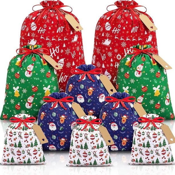 Juego de bolsas de regalo navideñas con cordón de tela, 10 piezas, pequeñas, 10 x 15 cm