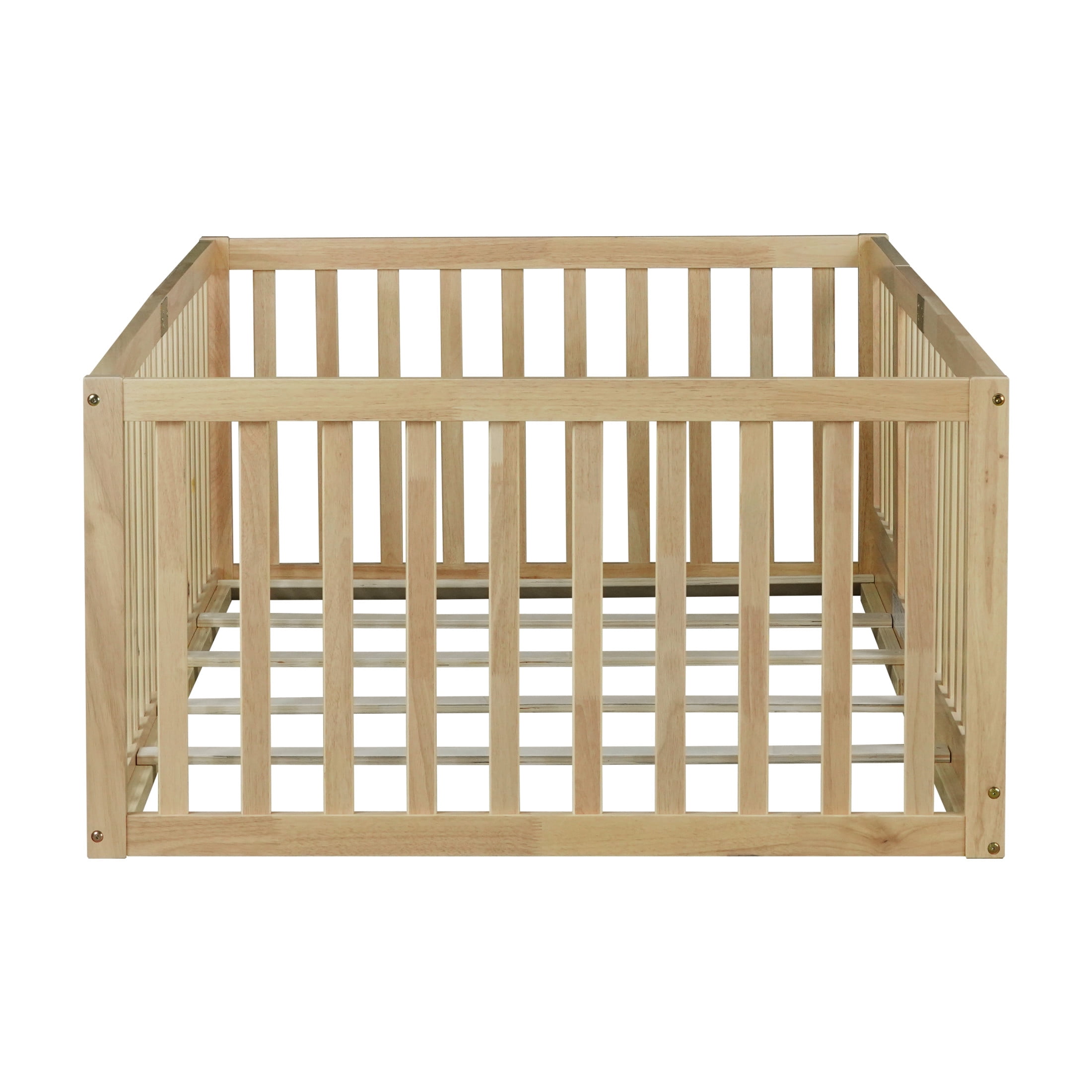 Noble House Nira Twin Floor Bed with High Fence and Door, Rubber Wood Montessori Bed Frame, Kids' Room, Natural