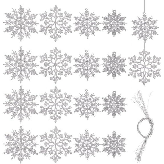 1 Box 36Pcs Christmas Plastic Snowflakes Ornaments Large Assorted Sizes Sparkling Silver Color Xmas Glitter Snow Flakes Party Decoration Bulk