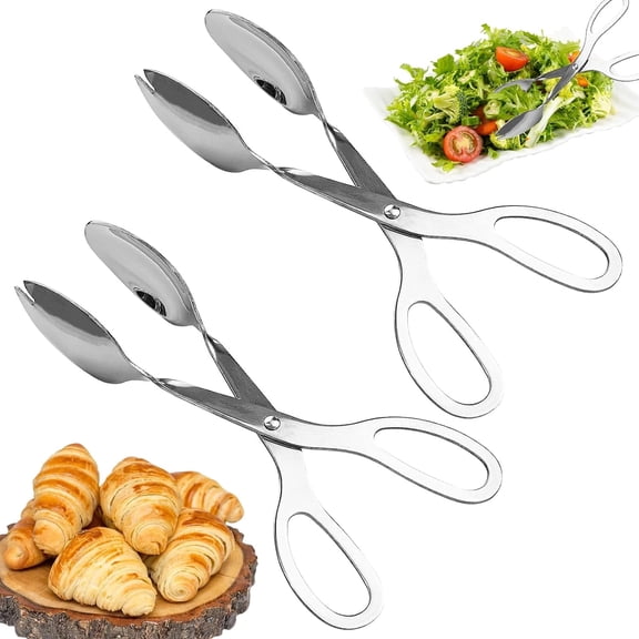 2-Pack 8 Inch Stainless Steel Scissor Style Food Serving Tongs, Salad Buffet Tongs for Kitchen, Party, Bread, Cake, Steak, BBQ & Baking