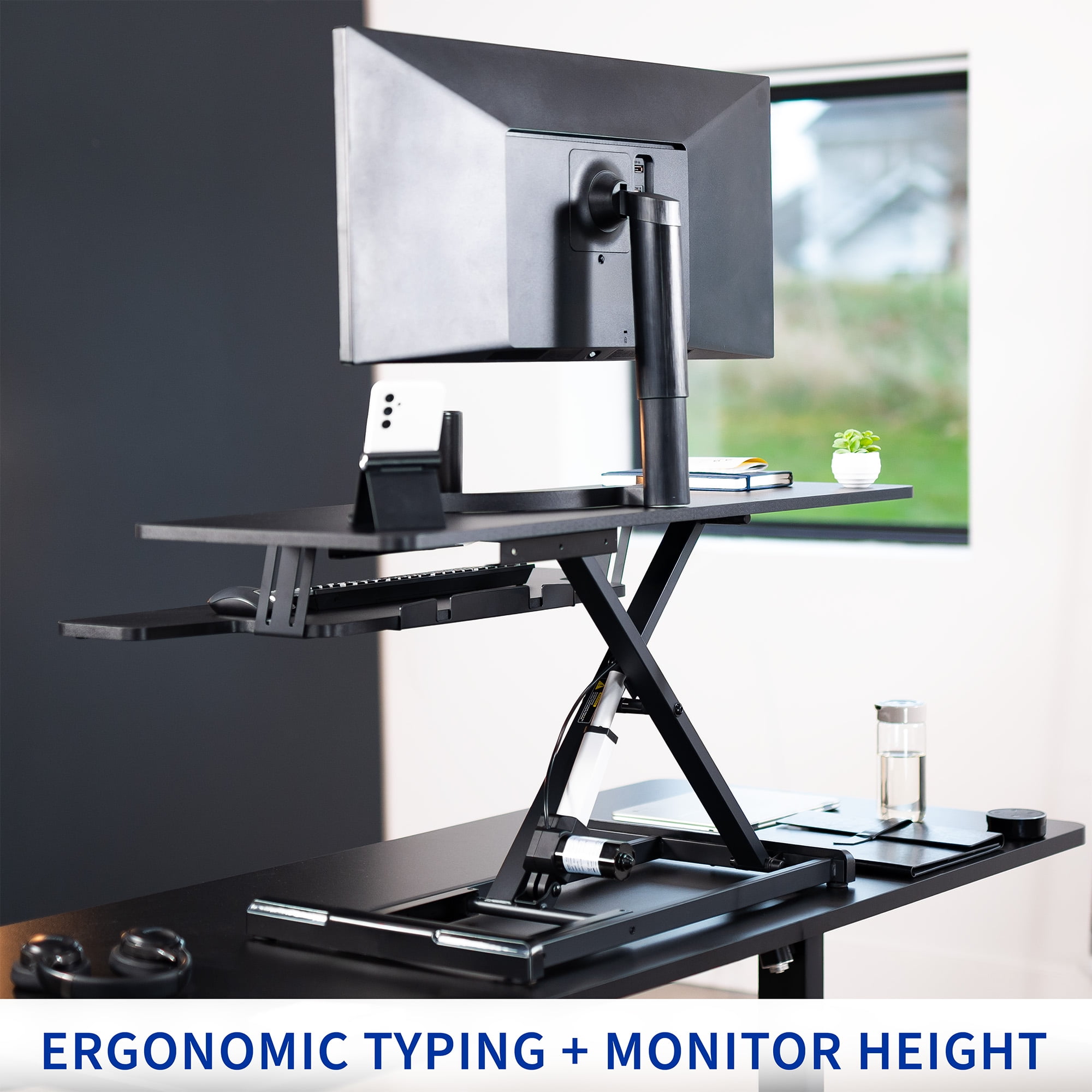 VIVO Black Electric 36" Standing Desk Monitor Riser, Dual Arm Sit Stand Tabletop