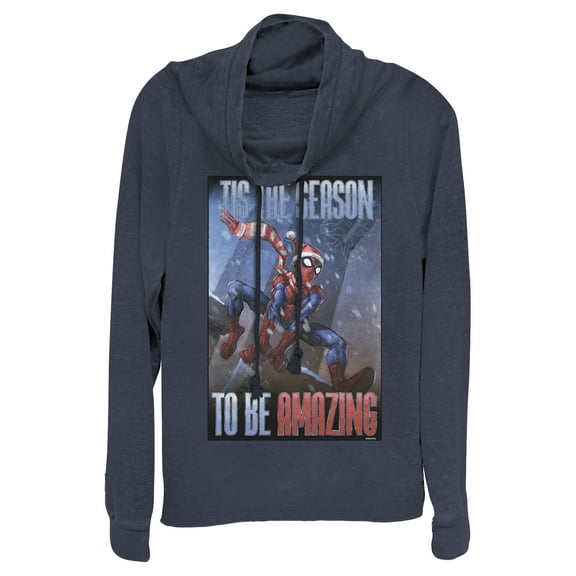 Junior's Marvel Spider-Man 'Tis The Season To Be Amazing  Cowl Neck Sweatshirt Navy Blue Large
