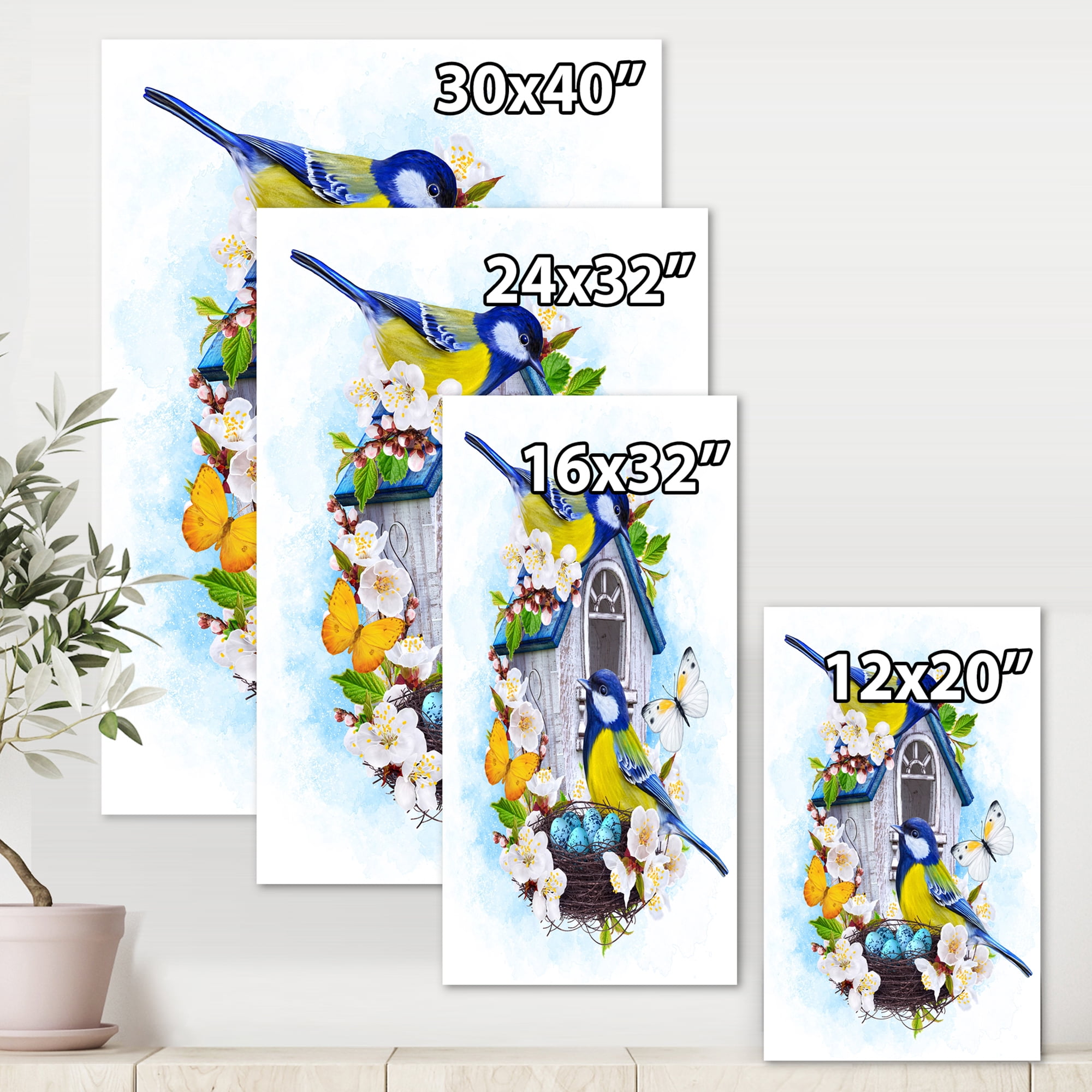 Two Tit Birds Sitting Near The Nest With Eggs and White Flowers I 12 in x 8 in Painting Canvas Art Print, by Designart