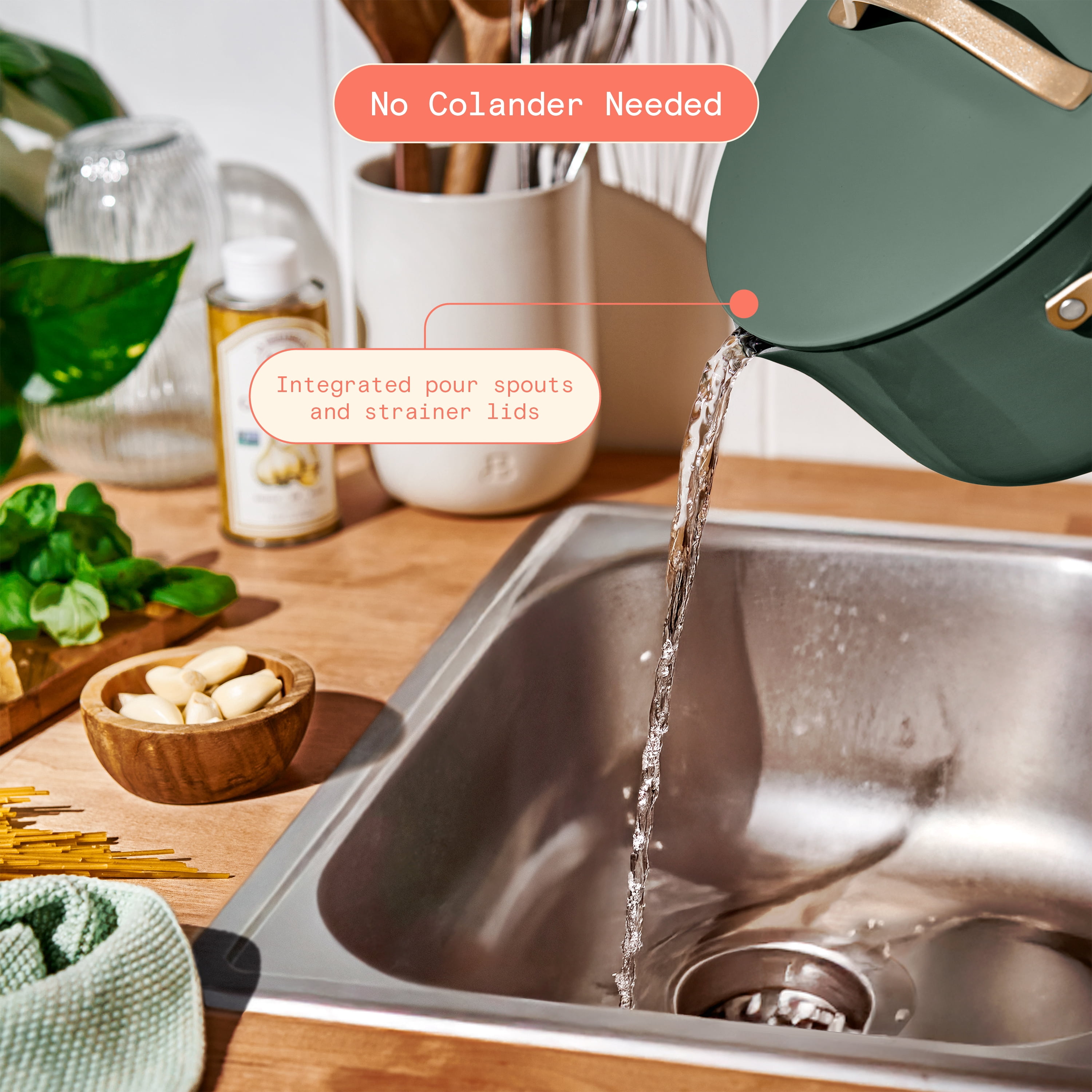 Beautiful by Drew Barrymore 12-Piece Cookware Set with Strainer Lids and EverGood Ceramic Nonstick Coating, Thyme Green