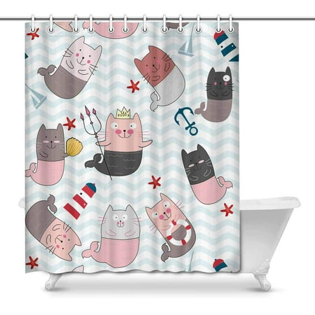 MKHERT Cute Cartoon Cat Mermaid Sea Beach Items on Stripes Waterproof Shower Curtain Decor Fabric Bathroom Set Hooks 66x72 inch