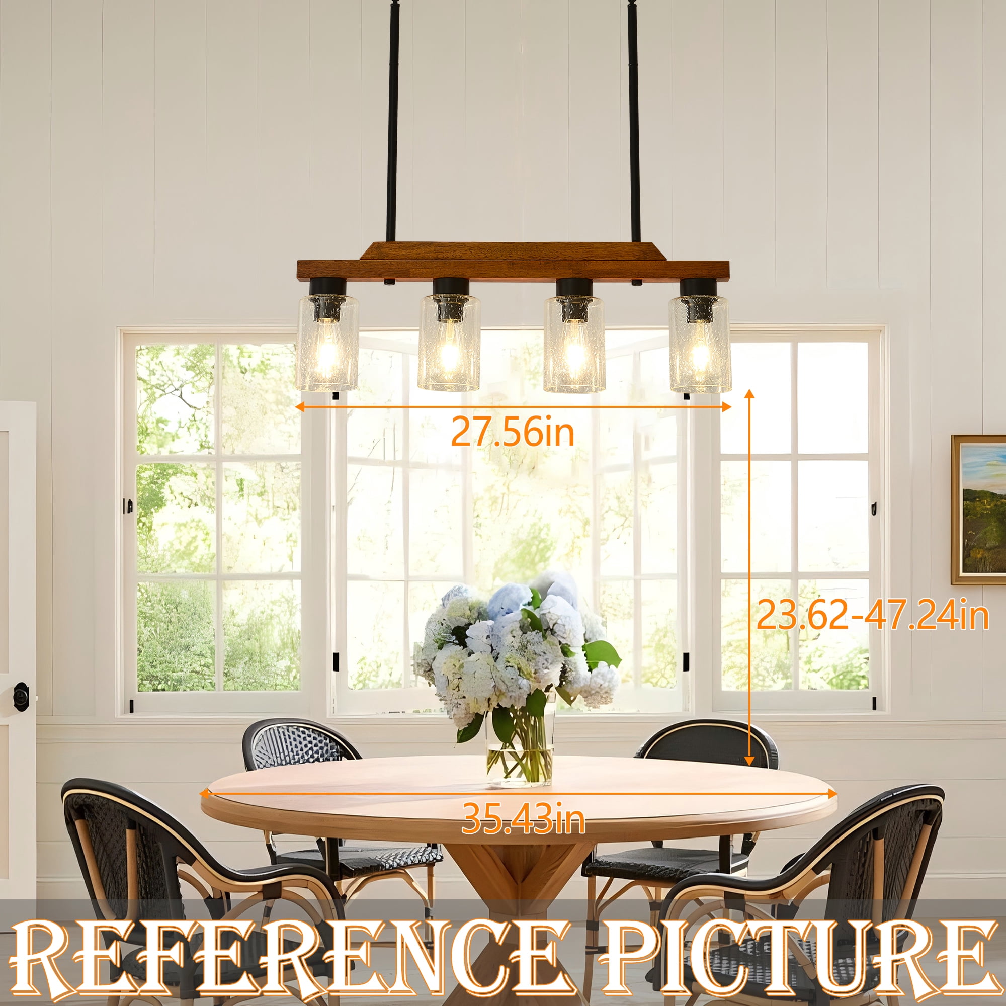 4-Light Farmhouse Pendant Light with Seed Glass Shades, Adjustable Height Kitchen Island Lighting, Linear Chandelier for Dining Room, Bar