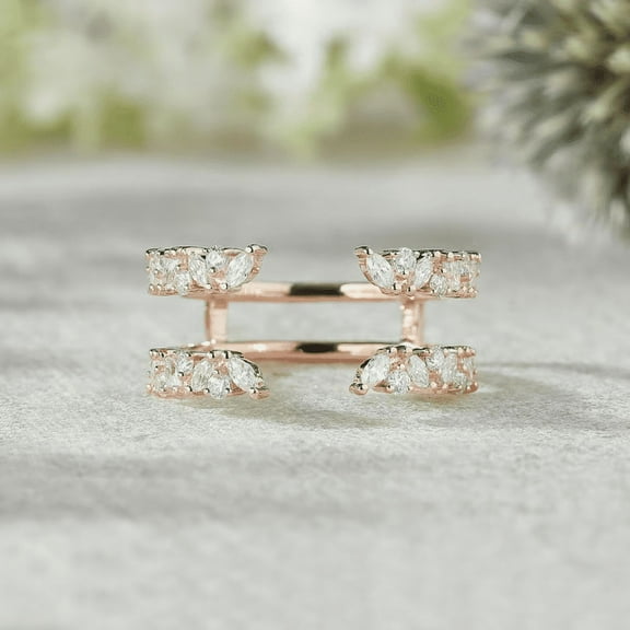 White Diamond Marquise Cut Open Ring Enhancer- Double Curved Wedding Band in 14K Rose Gold Vermeil- Mother's Day Special