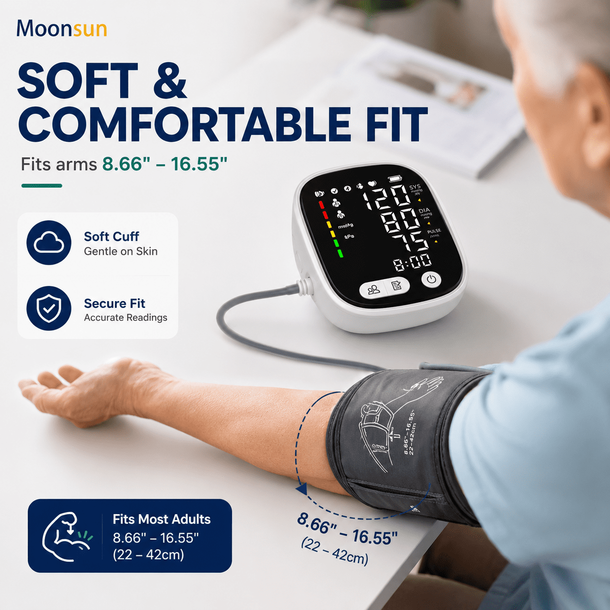 Moonsun Automatic Upper Arm Blood Pressure Monitor, 5.5″ Backlit Display, Rechargeable & Broadcast Voice, Large Cuff 8.7”-16.6”, 2-User 180 Memories for Home Use