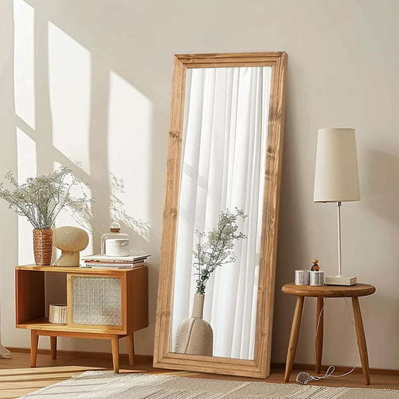 Full Length Floor Mirror 58"L x 22"W Solid Wood Frame Light Brown