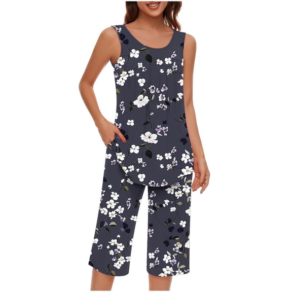 CLOISE Night Clothes for Women Sets 2-Piece Soft Tank Top Sleepwear Tees and Casual Capri Pants Pajama Sets Cozy Floral Graphic Trendy Night Clothes