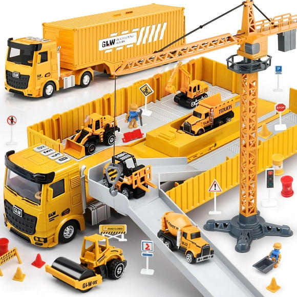 Juego de juguetes para camiones de construcción con grúa, excavadora y excavadora, 60 piezas