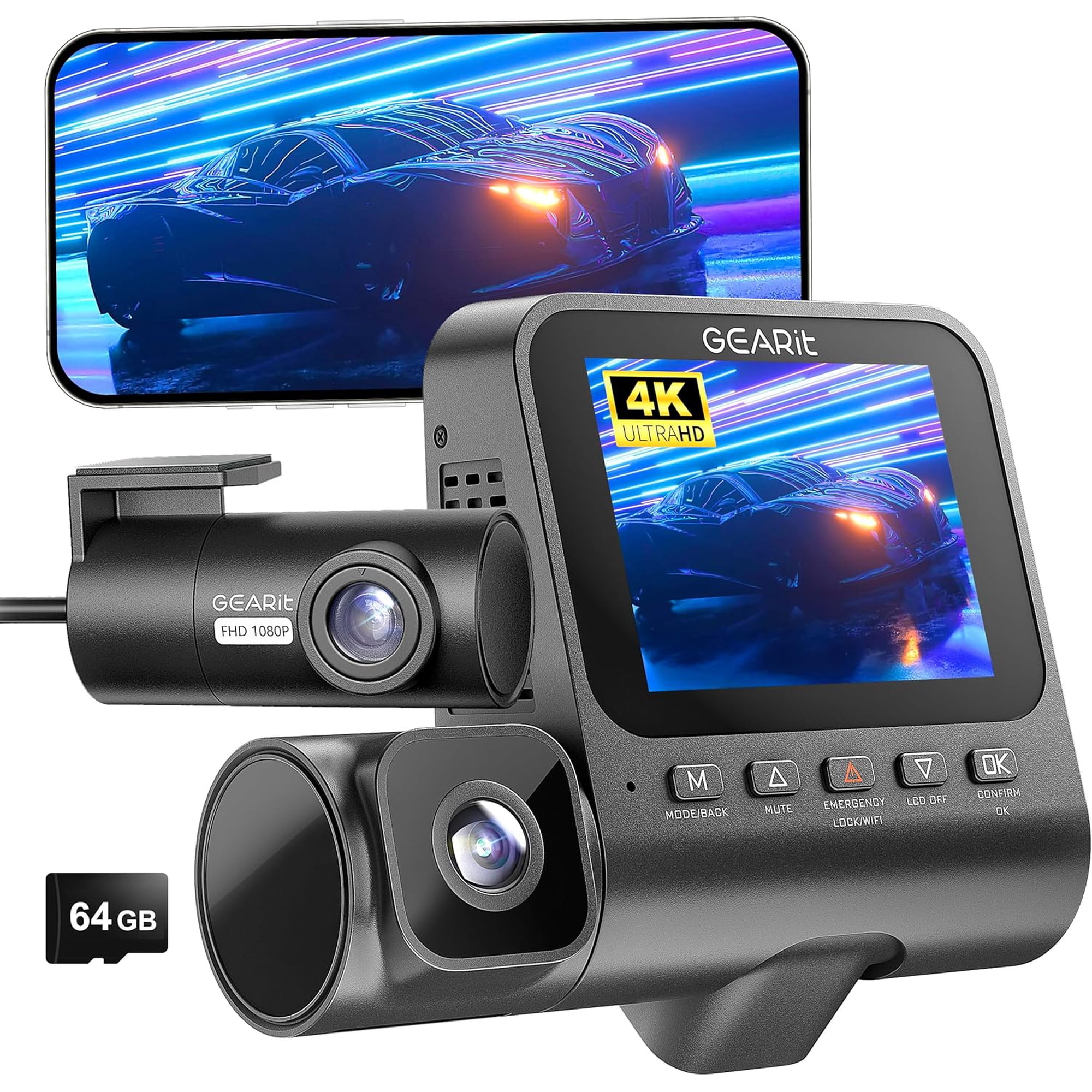 GEARit 3-Channel Dash Cam Front and Rear with 4k Recording, Interior Cabin Camera, Night Vision, Parking Mode, 24/7 Coverage