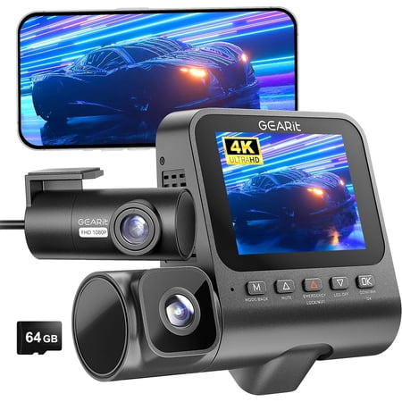 GEARit 3-Channel Dash Cam Front and Rear with 4k Recording, Interior Cabin Camera, Night Vision, Parking Mode, 24/7 Coverage