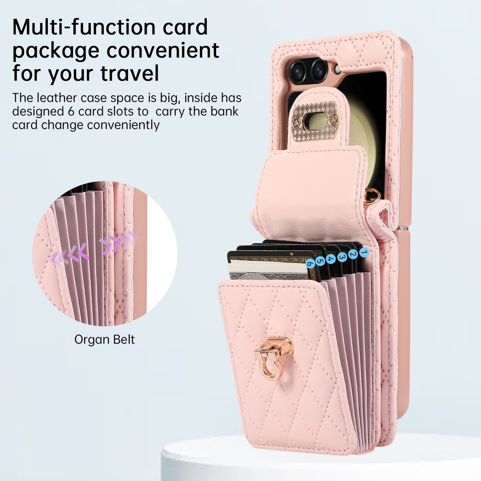 Decase For Samsung Galaxy Z Flip 5 5G Leather Wallet Case, PU Leather Shockproof Case with Crossbody Strap, Back Built in Stand Wallet Credit Card Holder Slots Phone Cover,Pink