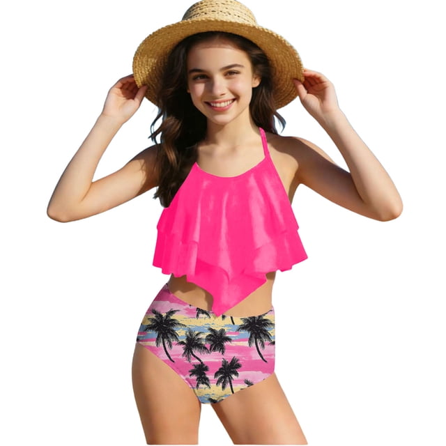 Little Girls Swimsuit for Kids Summer Split Color Print Beach 2 Pc Pcwith Short Sleeves