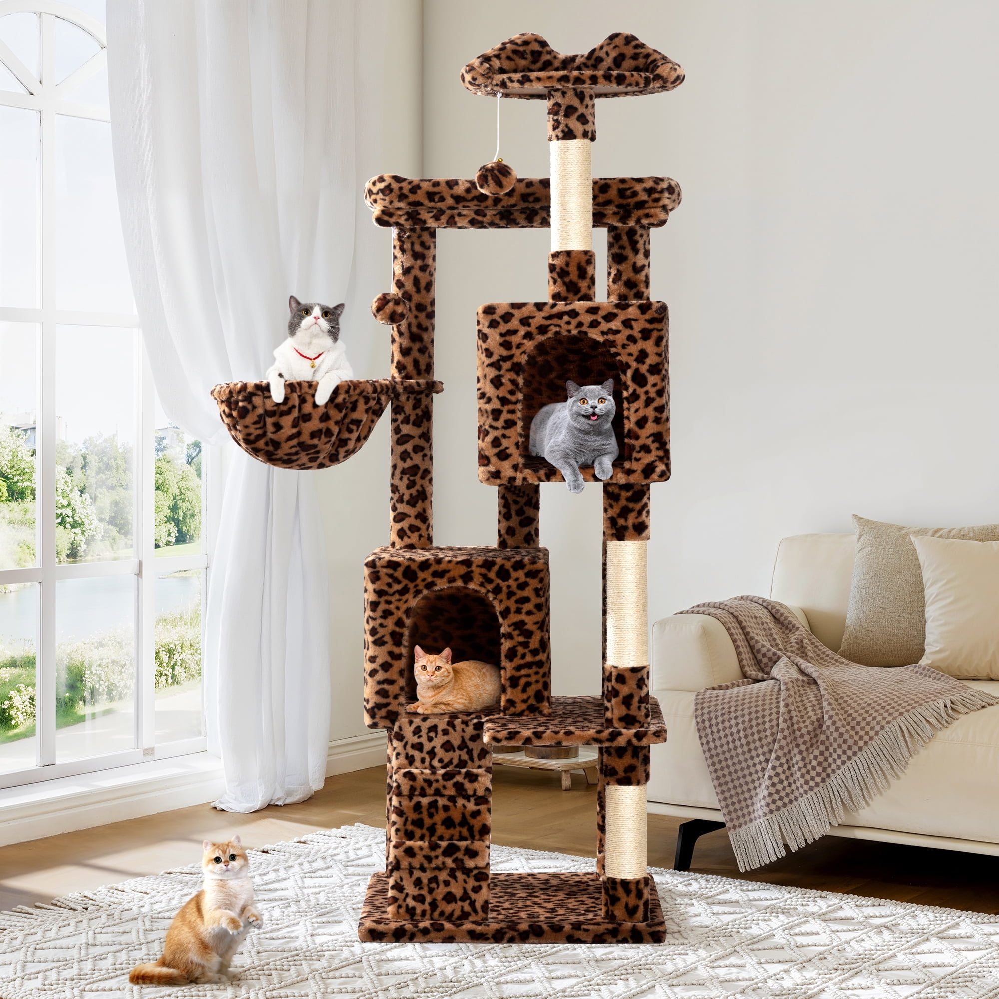 Allewie 64 Inches Cat Tree Tower, Multi-Level Activity Center for Indoor Big Felines, 2 Plush Condos, 2 Perchs, Basket, House, Sisal Scratching Posts, Hanging Cat Toys, Leopard Print