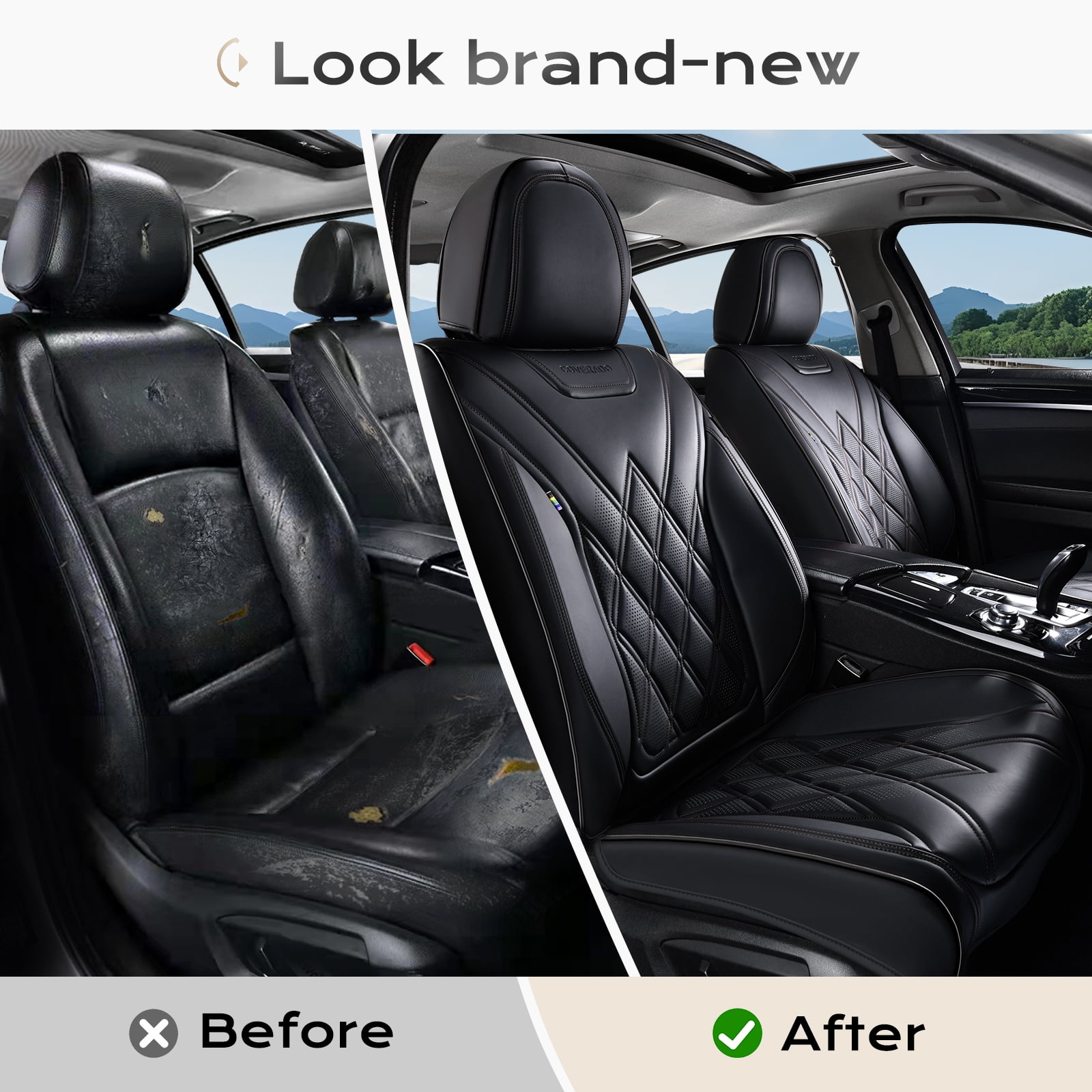 Coverado Full Set Covers For Cars, Waterproof Faux Leather Front and Rear Seat Protectors, Auto Cushions Universal Fit for Most Cars, Black