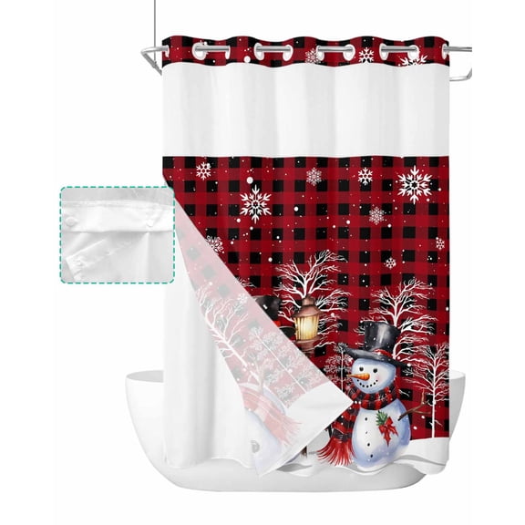 No Hook Shower Curtain with Snap in Liner, Red Plaid Christmas Hat Snowman Hotel Shower Curtains for Bathroom, Washable Shower Curtain Liner Set with Mesh Top Window, 48"x72"