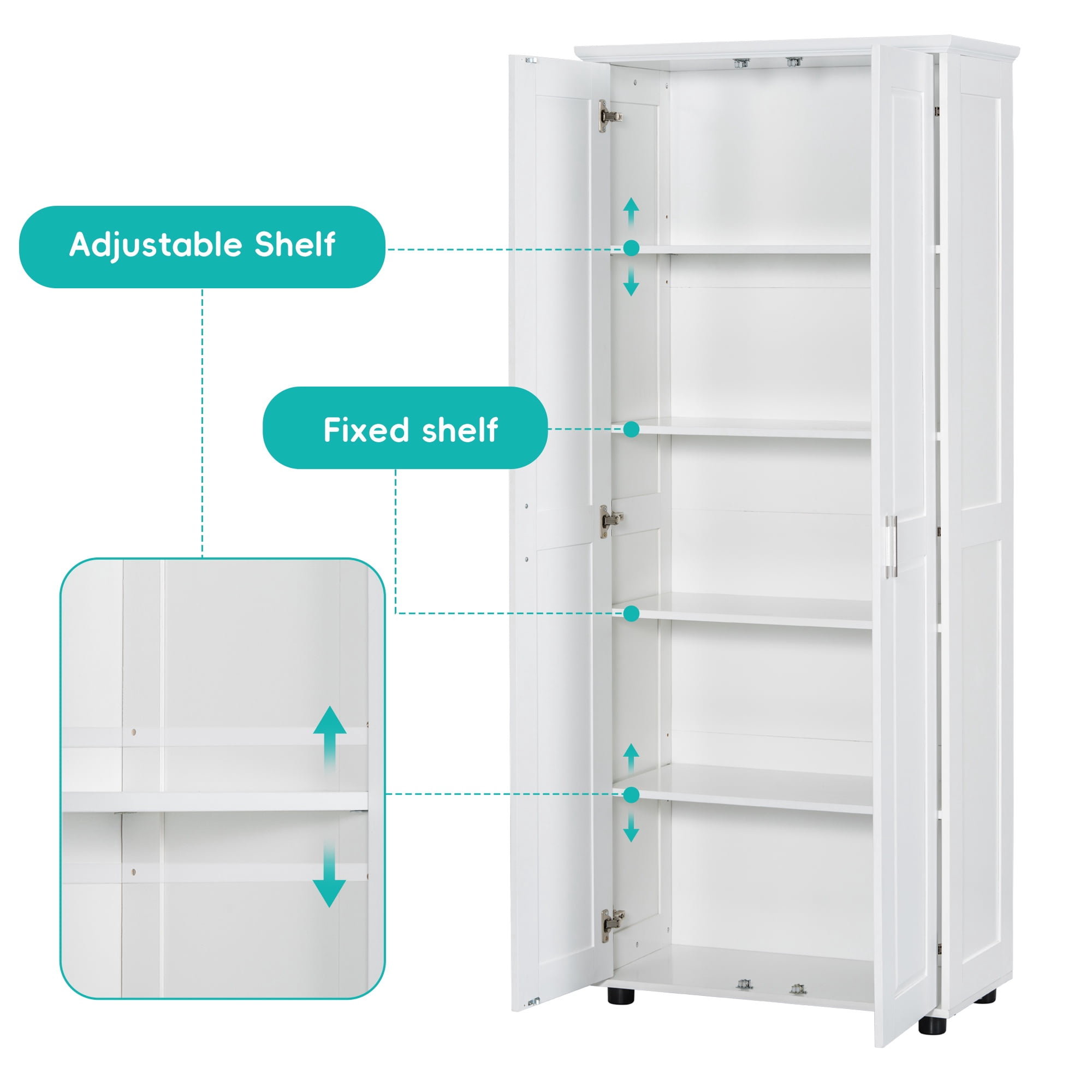 Bellemave Wooden Storage Cabinet with Two Doors and Adjustable Shelves Freestanding Tall Storage Cabinet for Bathroom, Kitchen, Living Room, Floor Cabinet for Home Office, White