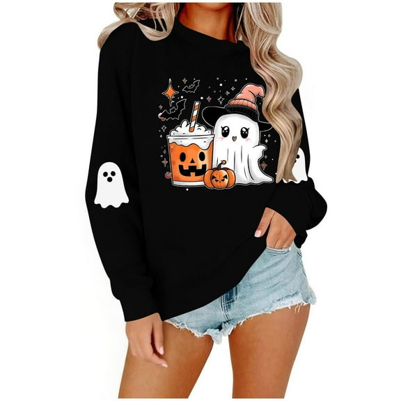 Halloween Printed Womens Casual Crewneck Sweatshirts Long Sleeve Cute Tunic Tops Loose Fitting Pullover