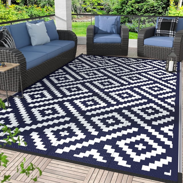 Outdoor Rug x Reversible Mats Outdoor Area Rug Plastic Straw Rug Geometric Rv Mat for Patio Camping Rv Picnic Backyard Deck Balcony Porch Beach Trailer ( & Grey)