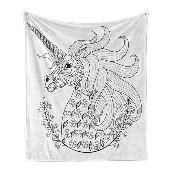 Black and White Soft Flannel Fleece Throw Blanket, Fantasy Animal Unicorn Profile with Floral Ornaments Monochrome Design, Cozy Plush for Indoor and Outdoor Use, 50" x 70", Black White, by Ambesonne