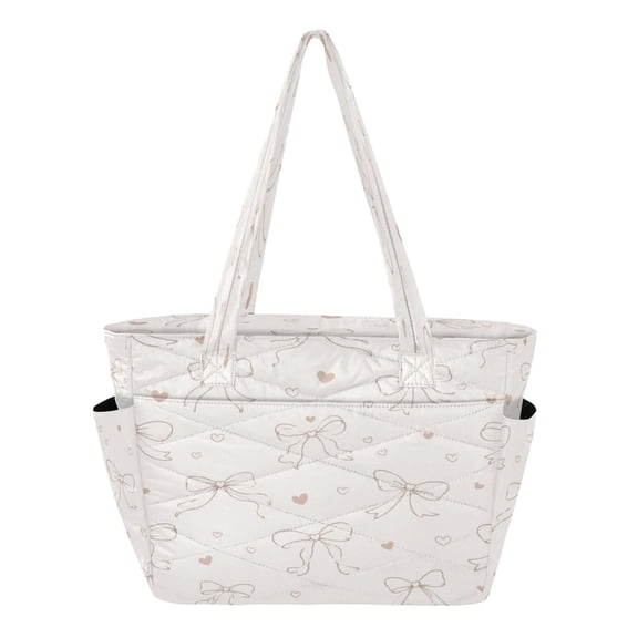 Quilted Tote Bag Large Capacity Multi-Compartment Handbag Beige Bow Heart Pattern Lightweight Structured Shoulder Bag Versatile Casual Bag