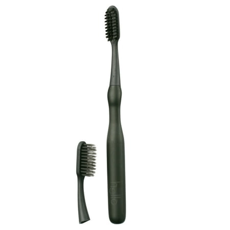 hello Sustainable Toothbrush with Reusable Black Modern Aluminum Handle & 2 Soft Replacement Heads, BPA-Free