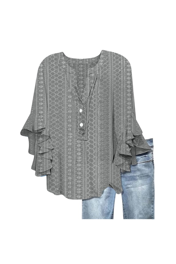 Women's 3/4 Sleeve Dressy Casual Top Boho Floral Print Loose V Neck Wave Bell Sleeve Summer Blouse