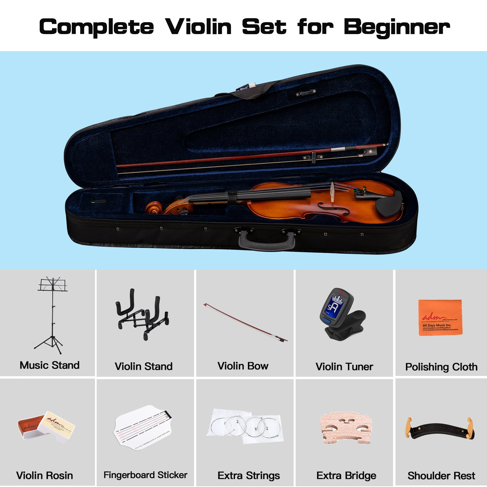 ADM Acoustic Violin for Beginner 4/4 Full Size Violin Set Solid Wood Ebony for Adult Teen Student Starter Kit with Hard Cae, Free Lessons, Brown