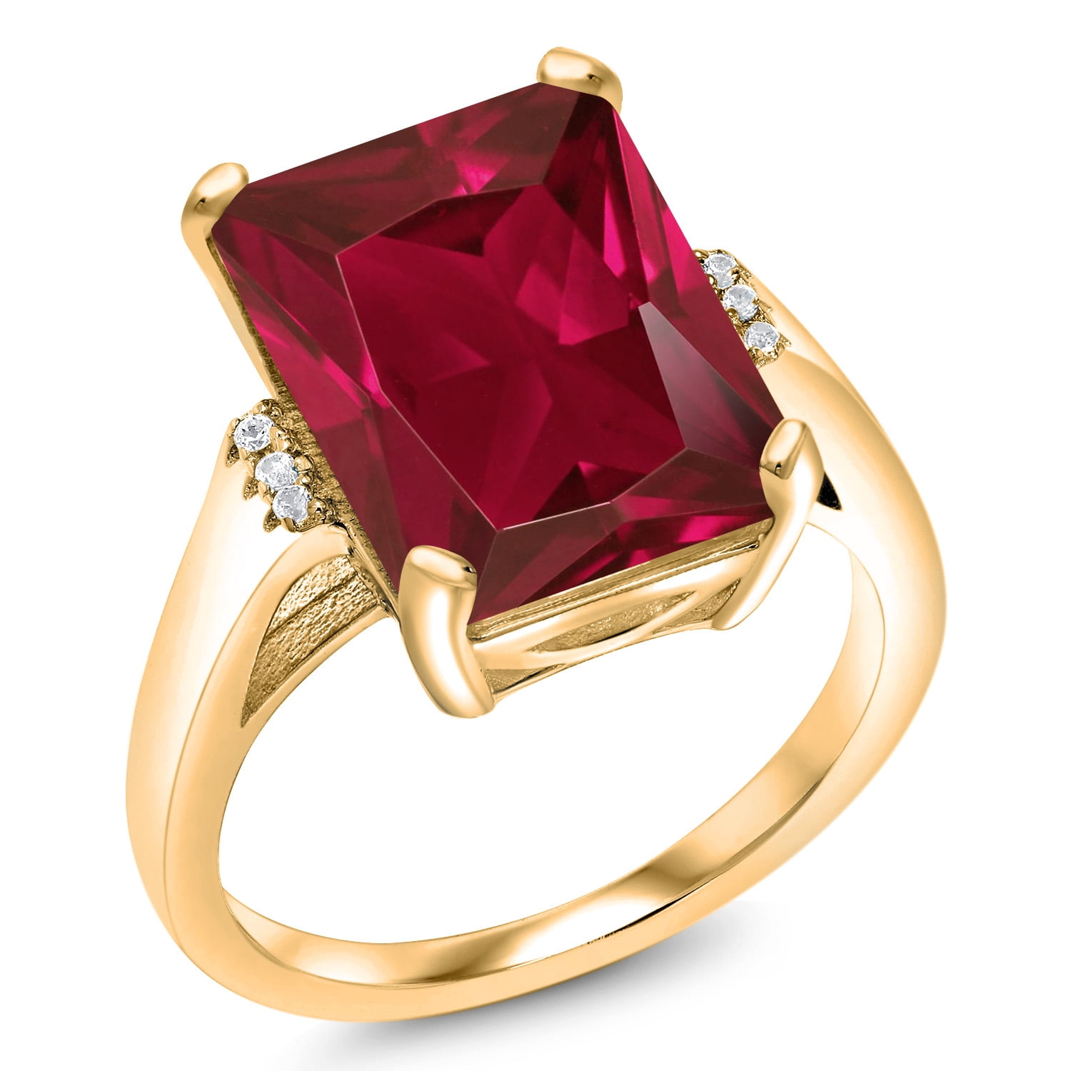 Gem Stone King 5.07 Cttw Red Created Ruby Engagement Ring for Women | 18K Yellow Gold Plated Silver| Emerald Cut 14X10MM | Gemstone July Birthstone | Size 5