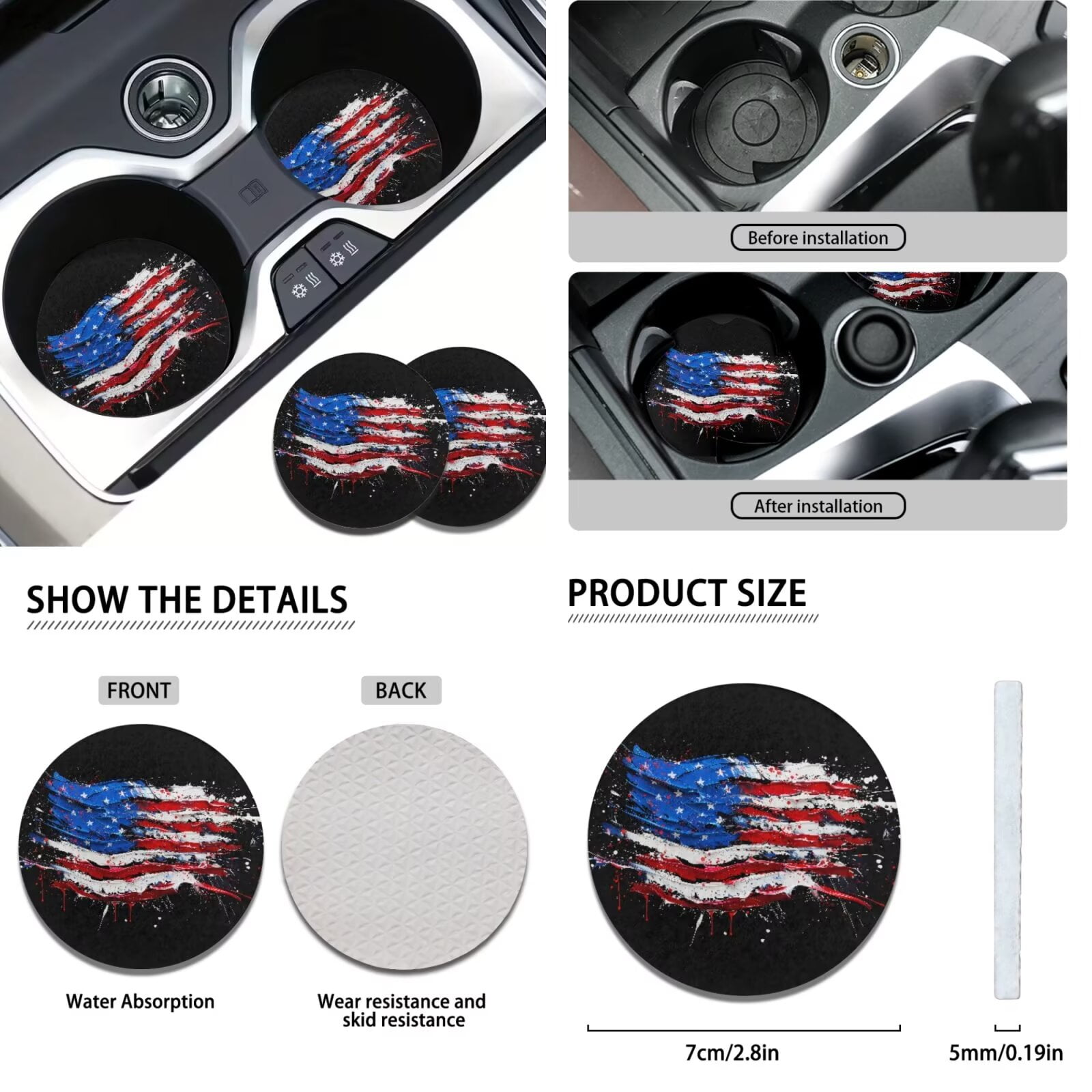 Garronmavis American Flag Seat Covers Full Set with Steering Wheel Wrap Gear Shift Cover Handbrake Sleeve Headrest Protectors Cup Coasters Decor Accessories Fit for Sedans Van Truck SUV
