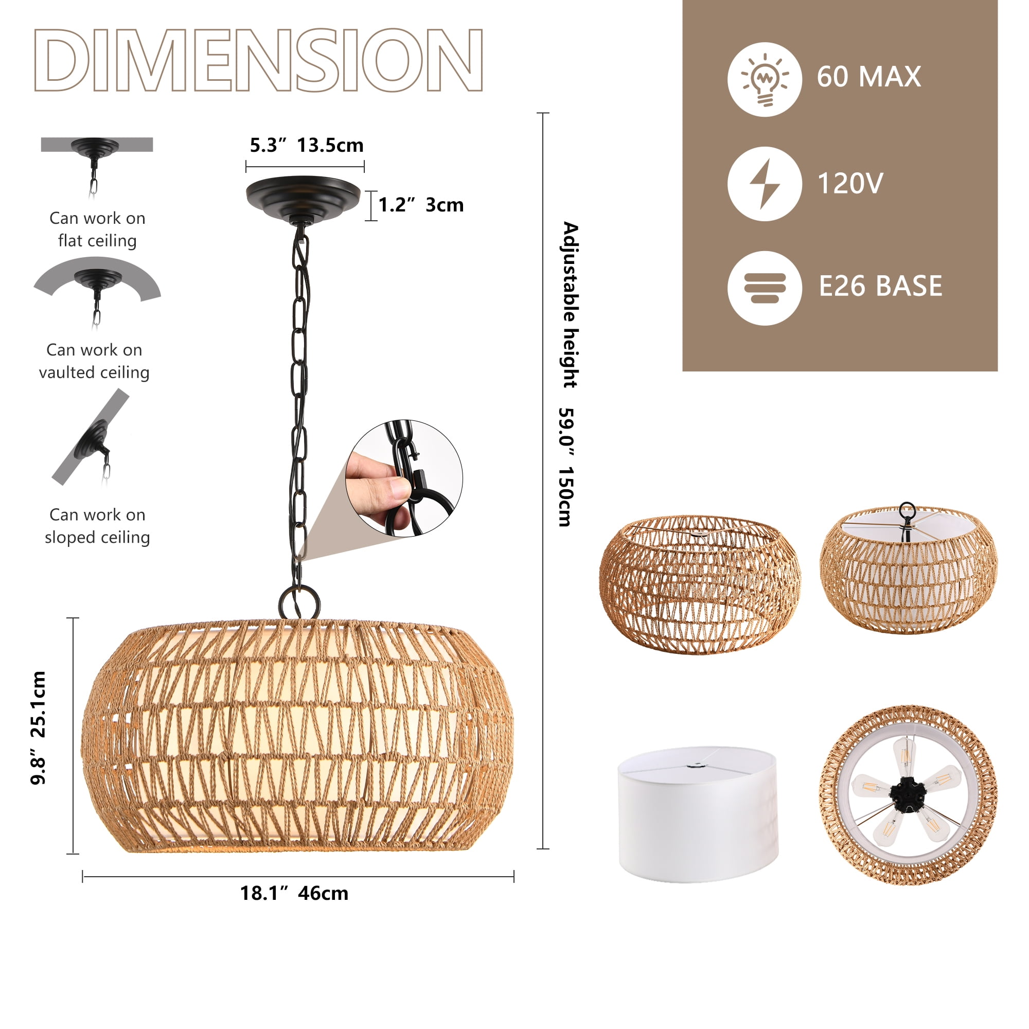 Jopath 18" Farmhouse Pendant Light with Adjustable Height, Boho Woven Jute Rope Hanging Ceiling Light Fixture, for Dining Room, Living Room, or Kitchen Island (Bulb Not Included)