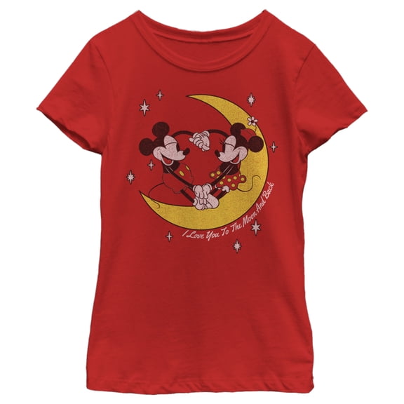 Girl's Mickey & Friends Mickey and Minnie I Love You to the Moon and Back  Graphic Tee Red Small
