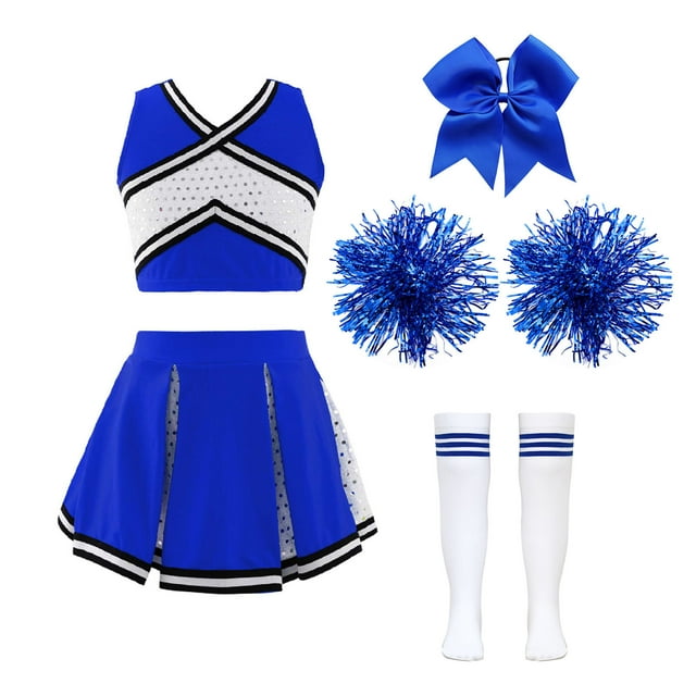 Aislor Robe de Cheerleading pour Filles Tenues de Chef de Cheerleading et Ensemble de Chaussettes à Pompons Bleu Marine Costume 12