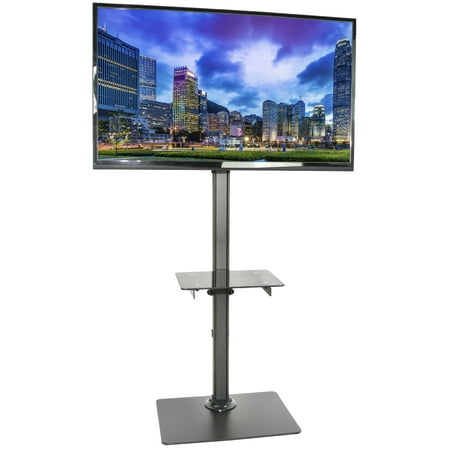 Black Steel and Glass Shelf Flat Screen TV Presentation Floor Stand / up to 55″ Black Steel and Glass Shelf Flat Screen TV Presentation Floor Stand / up to 55″