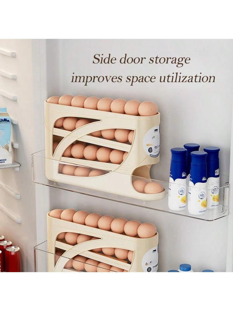 Space-Saving 4-Tier Refrigerator Egg Organizer with Smooth Rolling Wheels, Holds Up to 28 Eggs, Durable Plastic Kitchen Storage Rack for Easy Access and Freshness