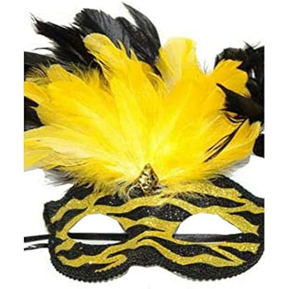 Fancy Venetian Zebra Stripe Feather Mask Black/Gold
