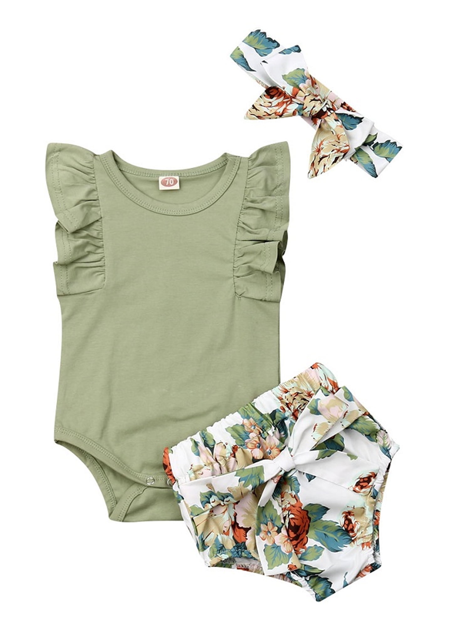 Newborn Baby Girl Ruffled Romper Bodysuit Floral Pants Headband 3pcs Set Outfits