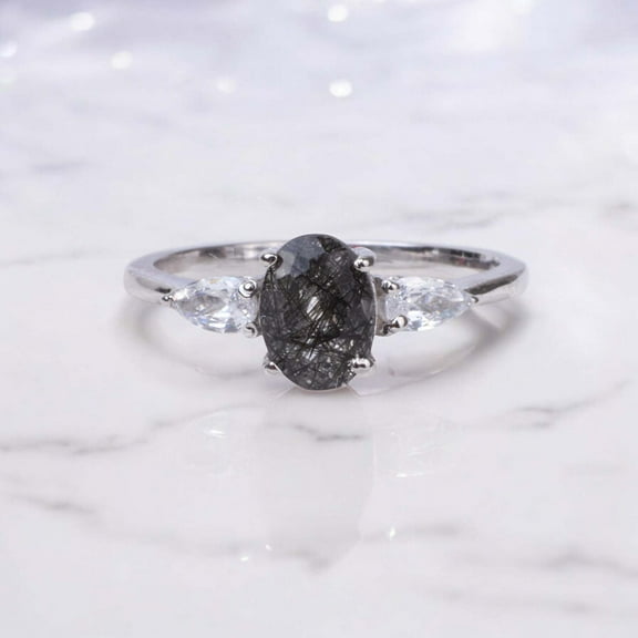 Oval Naturally Black Rutilated Quartz Ring for Women 925 Sterling Silver Unique Black ring Art Deco Diamond Ring Christmas gift for her