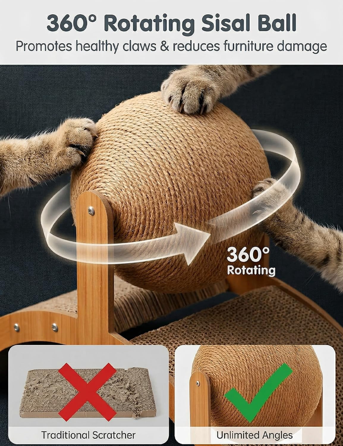 2026 Cat Scratching Ball On Stand, Solid Wood Interactive Cat Scratcher with 360° Rotating Natural Sisal Ball,  Durable Scratching Surface, Attracting A Cat's Attention, for Indoor Cats & Kittens