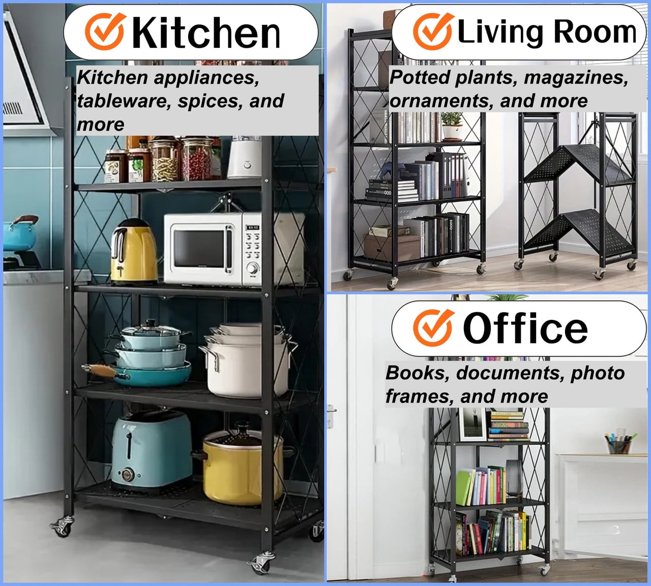 Howcool 5-Tier Heavy Duty Metal Rack Foldable Shelf Organizer, Kitchen Storage Cart with Lockable Wheel