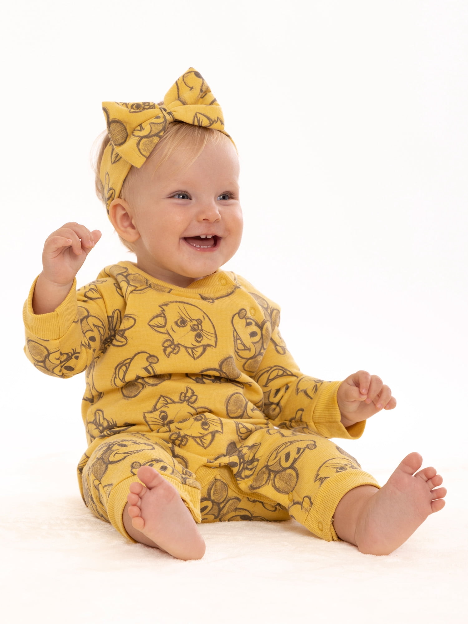 Disney 100 Baby Girls Long Sleeve Romper and Headband, 2-Piece Set, Sizes 0/3 Months-24 Months